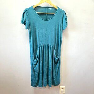 Garnet Hill Womens Teal Short-Sleeve Dress With Pockets Medium‎